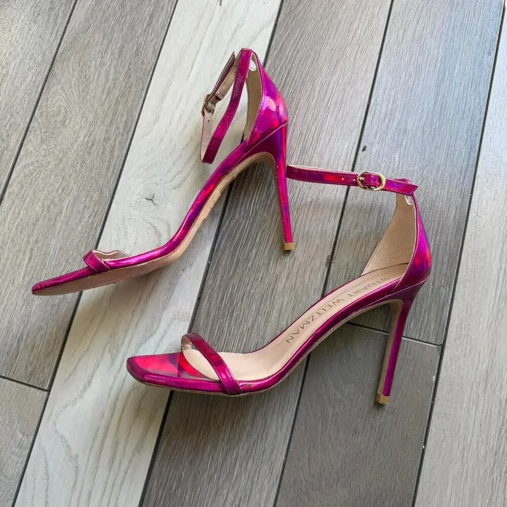 Stuart Weitzman Metallic Fuchsia Pink Ankle Strap Heels
